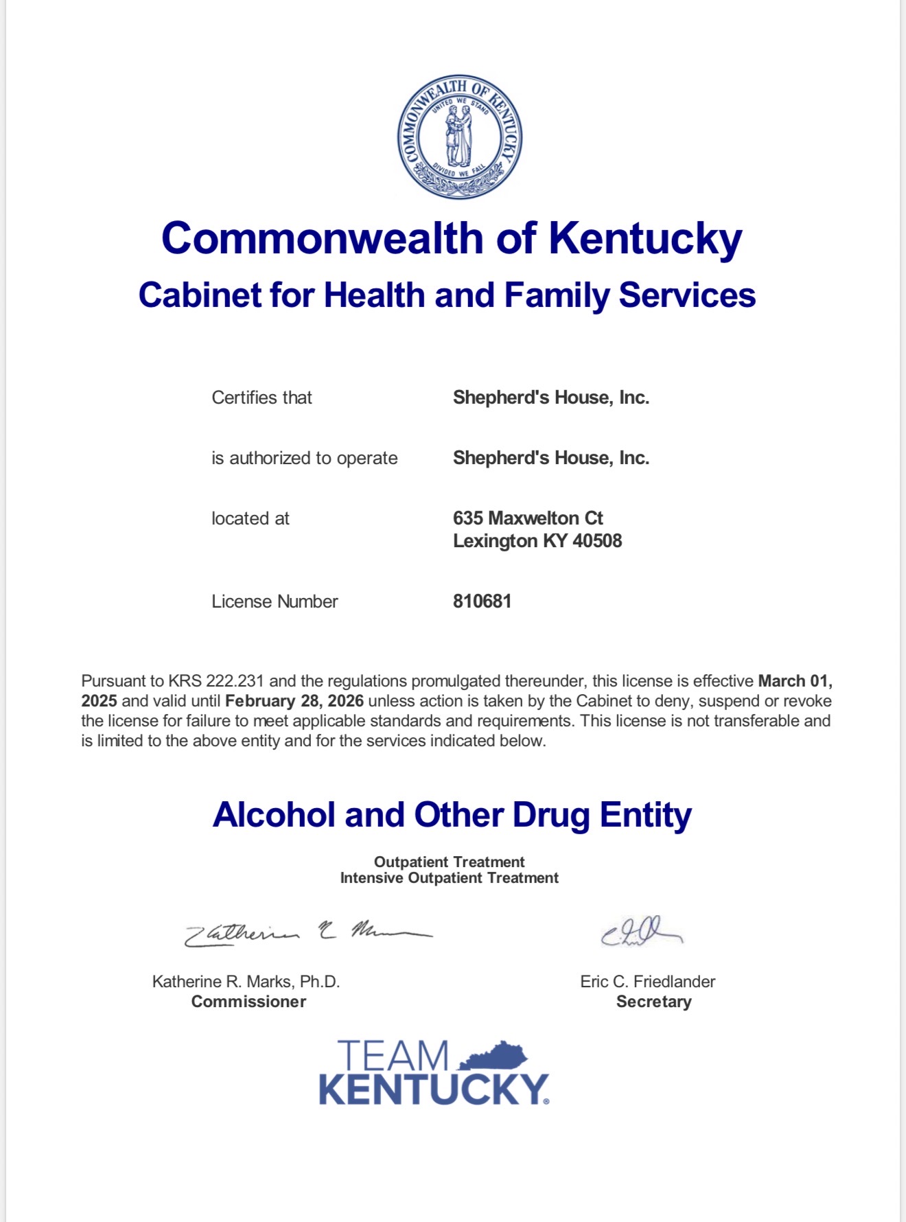 Kentucky Cabinet for Health and Family Services license