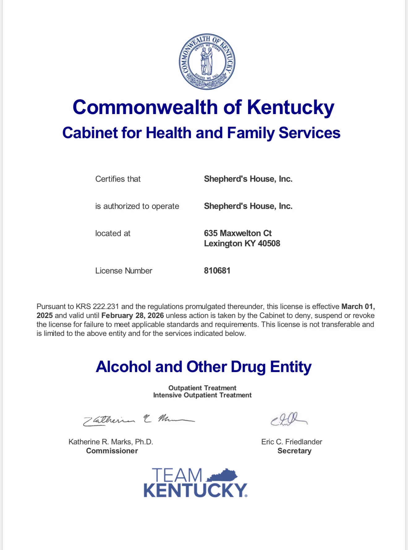Kentucky Cabinet for Health and Family Services license