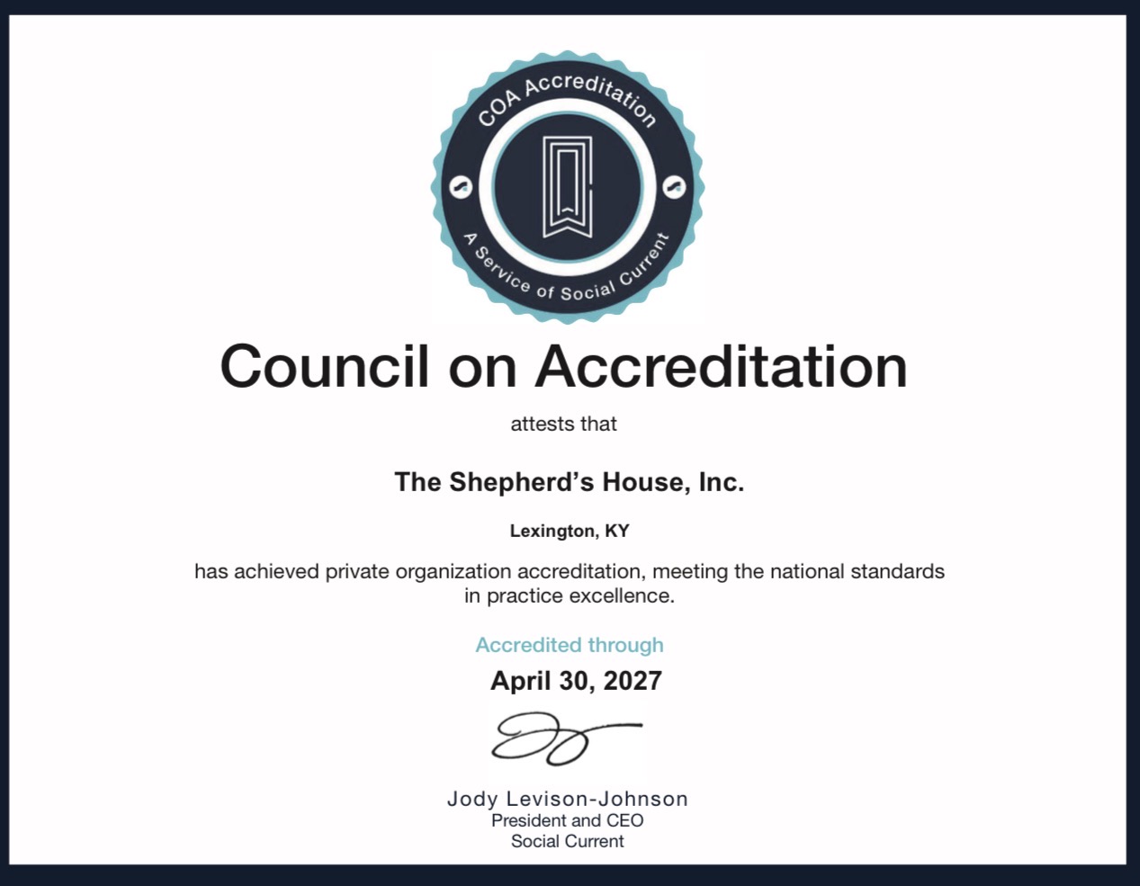 Council on Accreditation certificate through April 2027