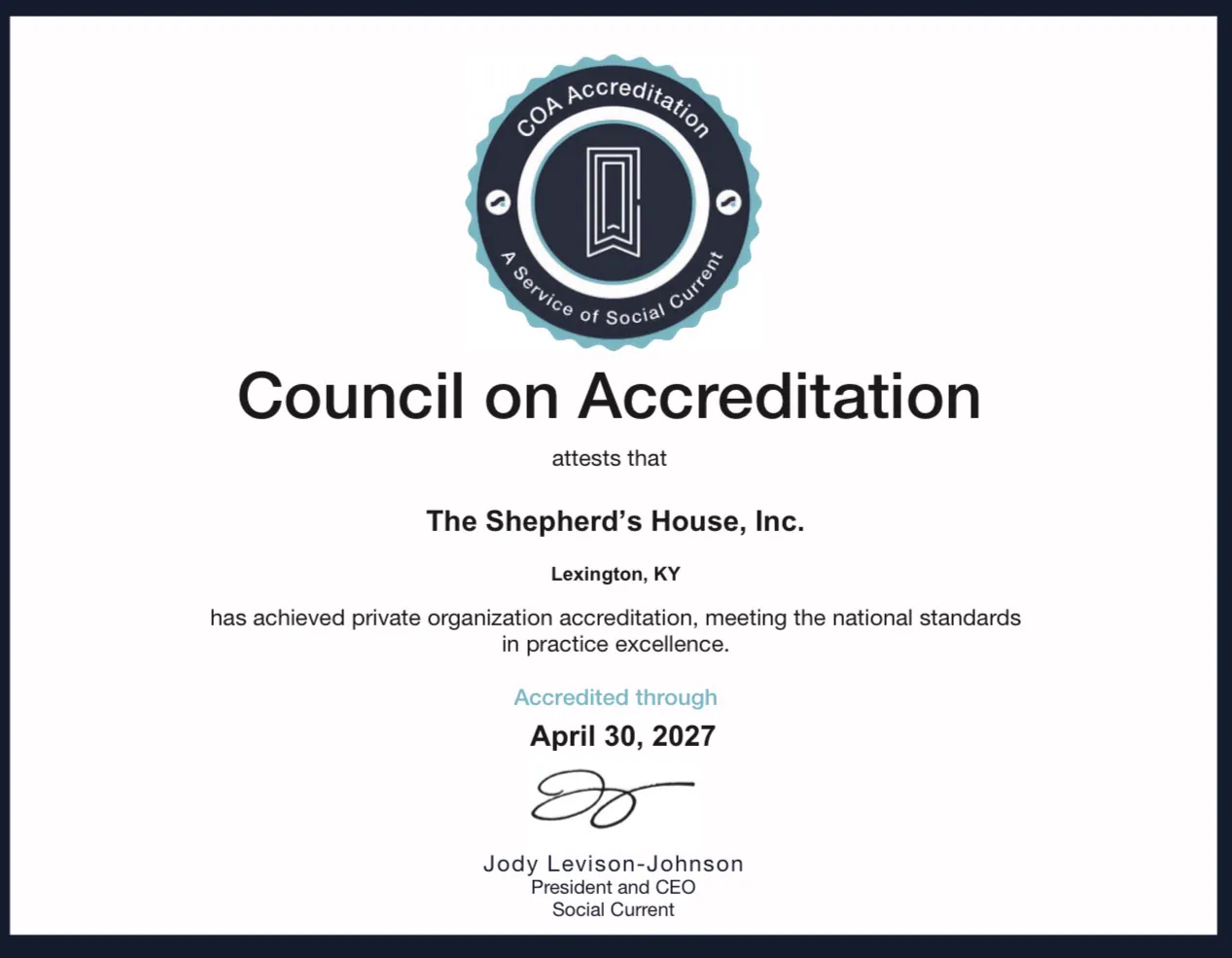 Council on Accreditation certificate through April 2027