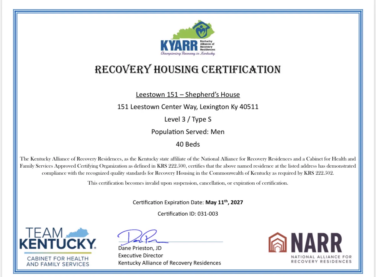 Kentucky Alliance of Recovery Residences certification